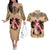 Polynesian Couples Matching Off The Shoulder Long Sleeve Dress and Hawaiian Shirt Dog Lover With Shiba Inu - Sunset At The Beach LT7 Coral - Polynesian Pride