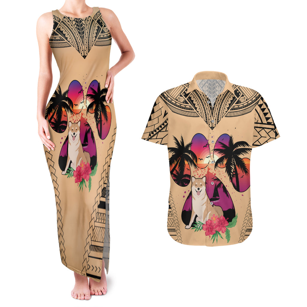 Polynesian Couples Matching Tank Maxi Dress and Hawaiian Shirt Dog Lover With Shiba Inu - Sunset At The Beach LT7 Coral - Polynesian Pride