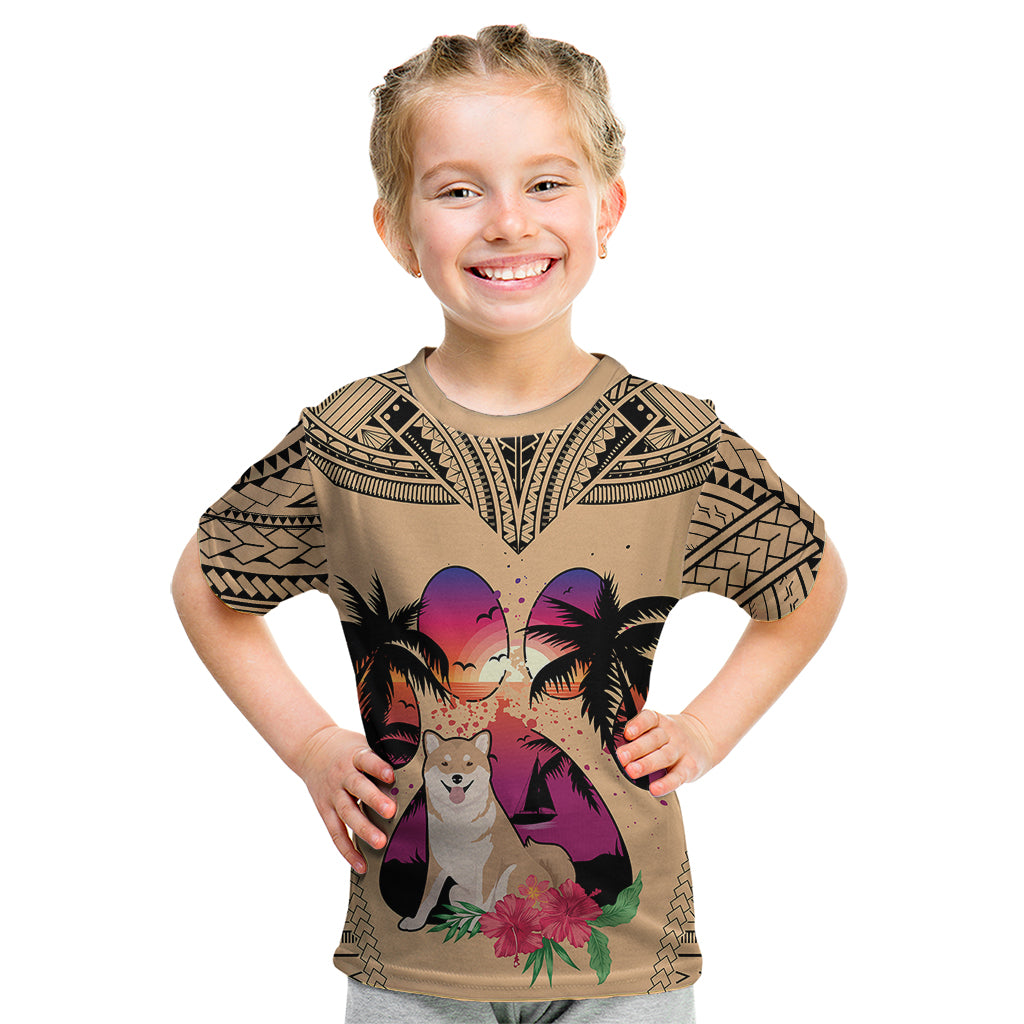 Polynesian Kid T Shirt Dog Lover With Shiba Inu - Sunset At The Beach LT7 Coral - Polynesian Pride