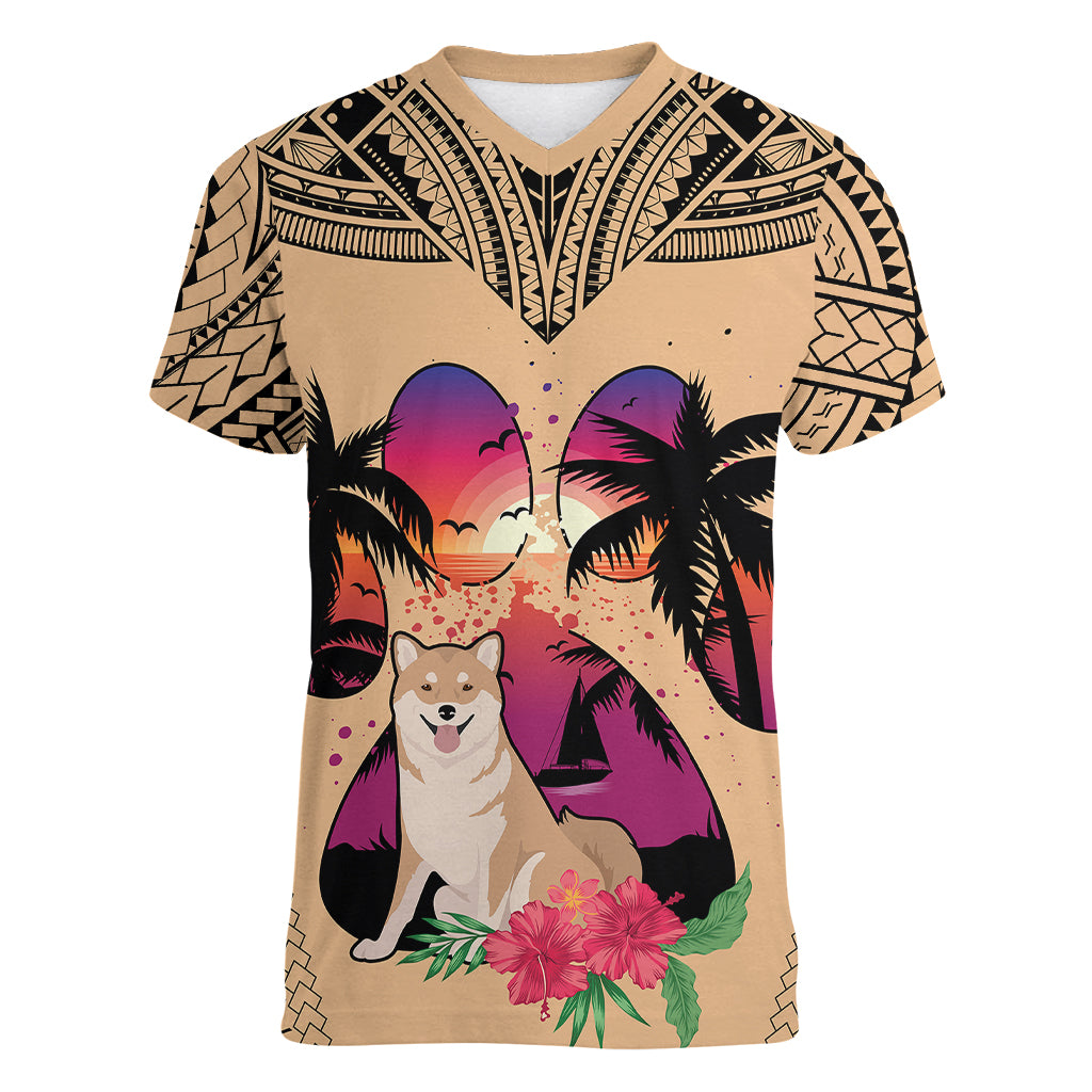 Polynesian Women V Neck T Shirt Dog Lover With Shiba Inu - Sunset At The Beach LT7 Female Coral - Polynesian Pride