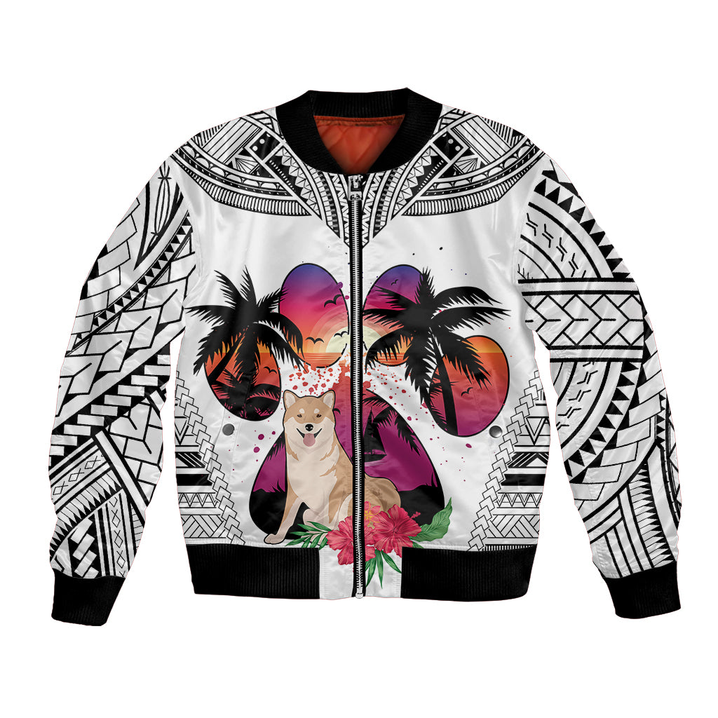 Polynesian Bomber Jacket Dog Lover With Shiba Inu - Sunset At The Beach White Ver LT7 Unisex White - Polynesian Pride