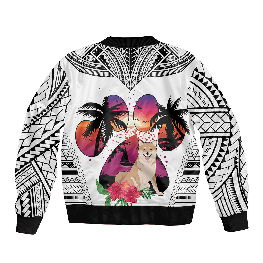 Polynesian Bomber Jacket Dog Lover With Shiba Inu - Sunset At The Beach White Ver LT7 - Polynesian Pride