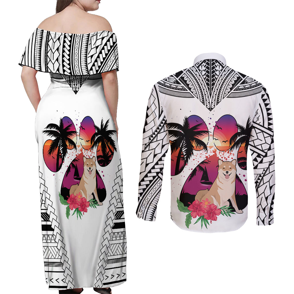 Polynesian Couples Matching Off Shoulder Maxi Dress and Long Sleeve Button Shirts Dog Lover With Shiba Inu - Sunset At The Beach White Ver LT7 - Polynesian Pride