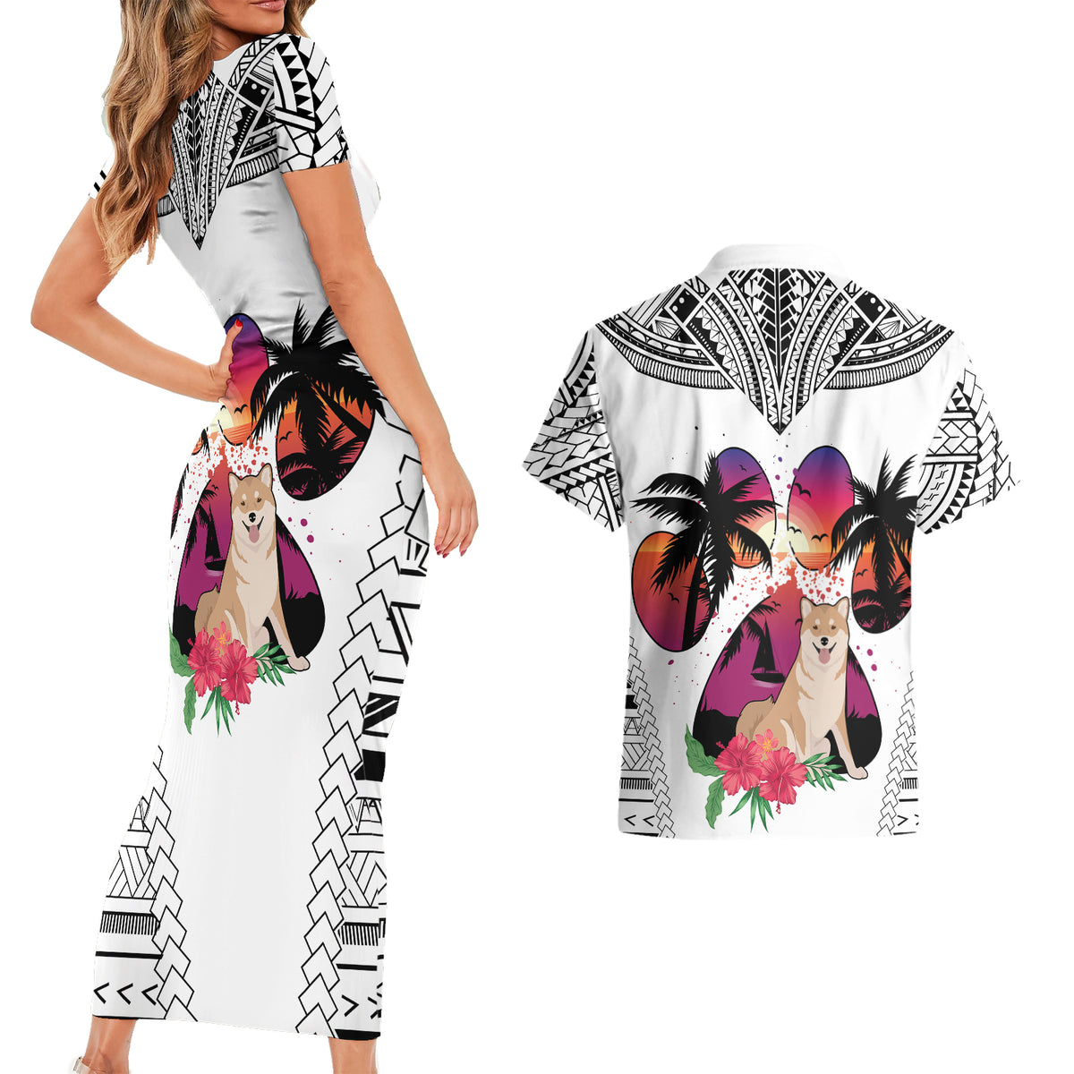 Polynesian Couples Matching Short Sleeve Bodycon Dress and Hawaiian Shirt Dog Lover With Shiba Inu - Sunset At The Beach White Ver LT7 - Polynesian Pride