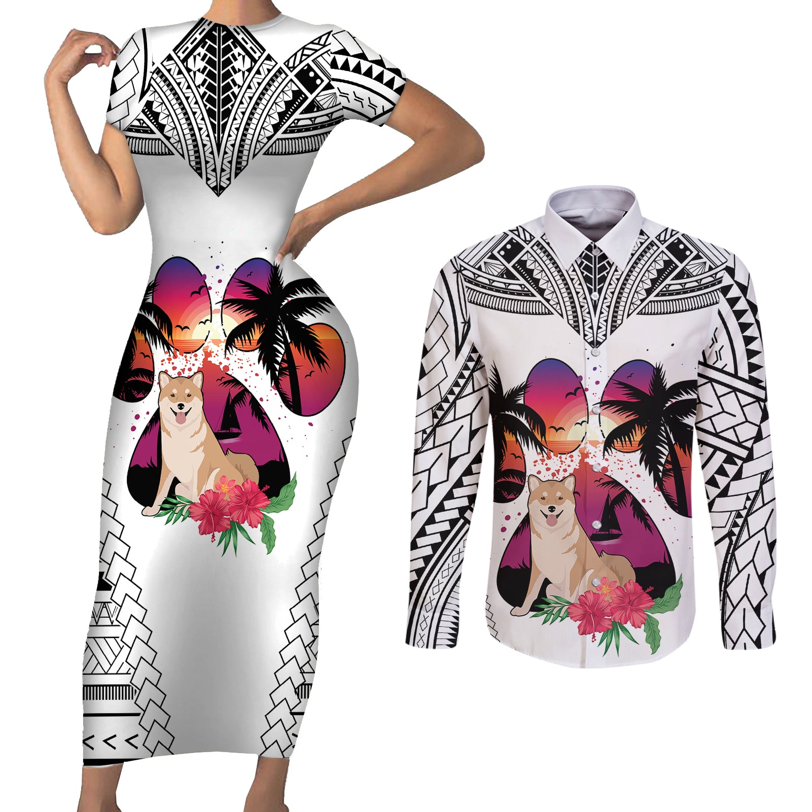 Polynesian Couples Matching Short Sleeve Bodycon Dress and Long Sleeve Button Shirts Dog Lover With Shiba Inu - Sunset At The Beach White Ver LT7 White - Polynesian Pride