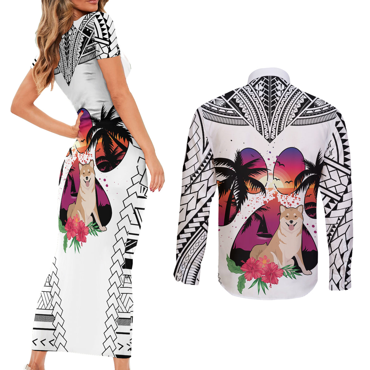 Polynesian Couples Matching Short Sleeve Bodycon Dress and Long Sleeve Button Shirts Dog Lover With Shiba Inu - Sunset At The Beach White Ver LT7 - Polynesian Pride