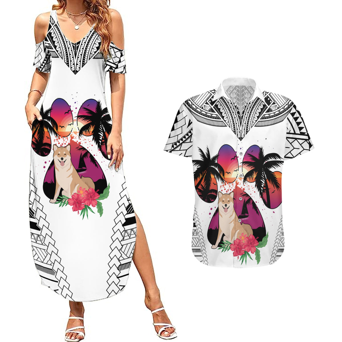 Polynesian Couples Matching Summer Maxi Dress and Hawaiian Shirt Dog Lover With Shiba Inu - Sunset At The Beach White Ver LT7 White - Polynesian Pride