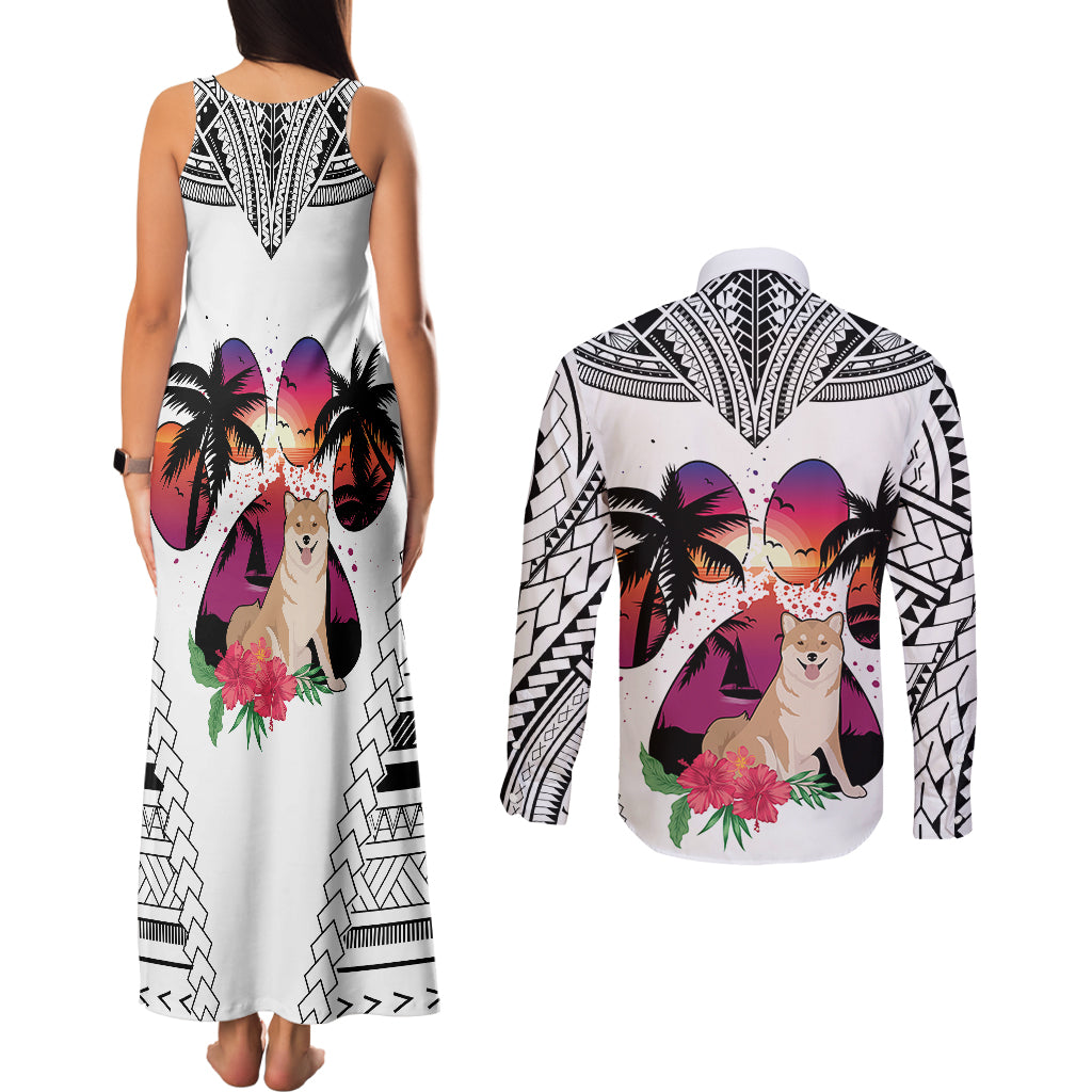 Polynesian Couples Matching Tank Maxi Dress and Long Sleeve Button Shirts Dog Lover With Shiba Inu - Sunset At The Beach White Ver LT7 - Polynesian Pride
