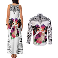 Polynesian Couples Matching Tank Maxi Dress and Long Sleeve Button Shirts Dog Lover With Shiba Inu - Sunset At The Beach White Ver LT7 - Polynesian Pride