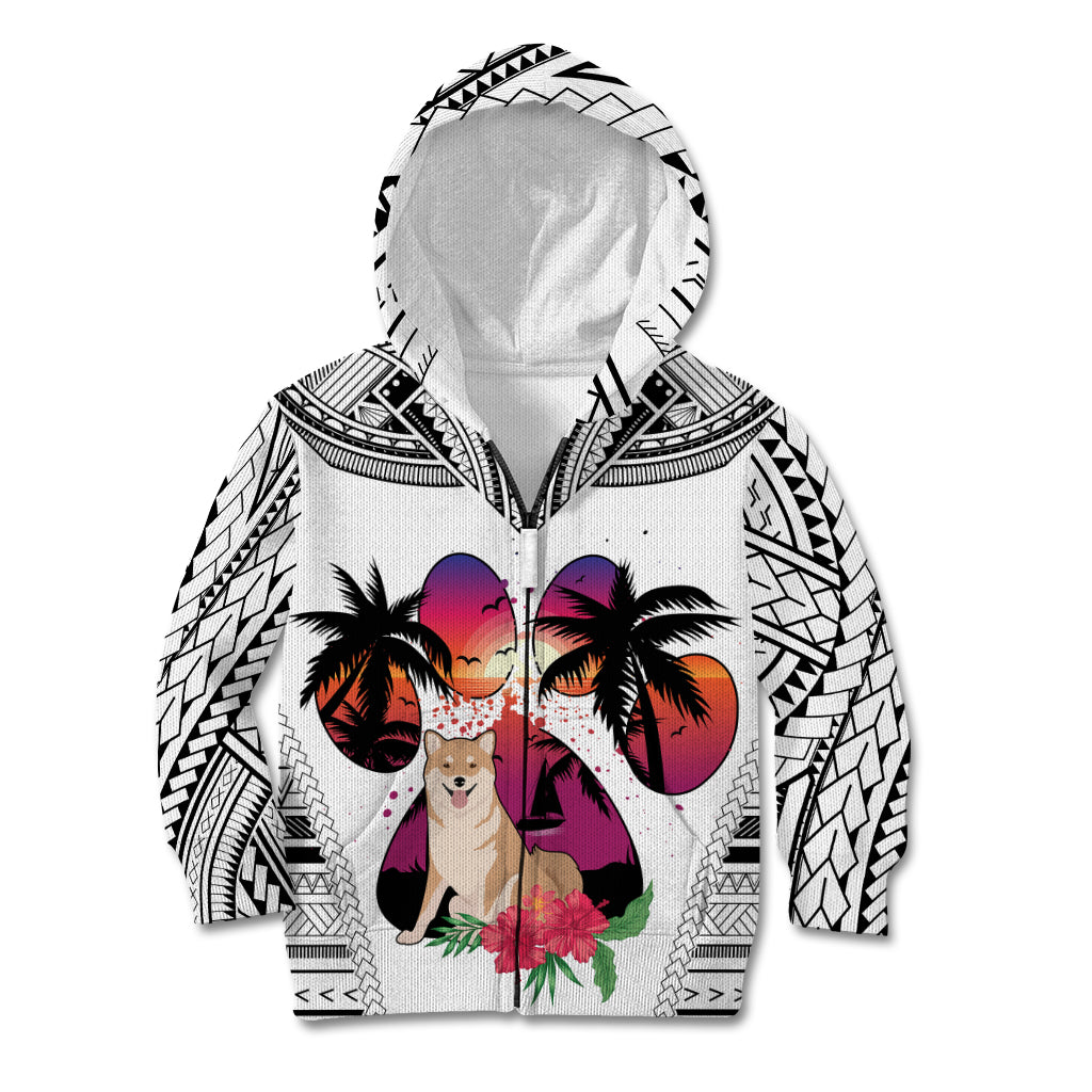 Polynesian Kid Hoodie Dog Lover With Shiba Inu - Sunset At The Beach White Ver LT7 Zip Hoodie White - Polynesian Pride
