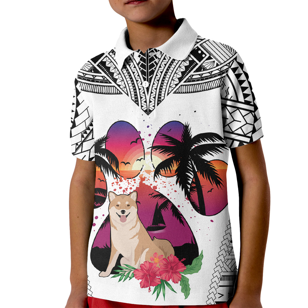 Polynesian Kid Polo Shirt Dog Lover With Shiba Inu - Sunset At The Beach White Ver LT7 Kid White - Polynesian Pride