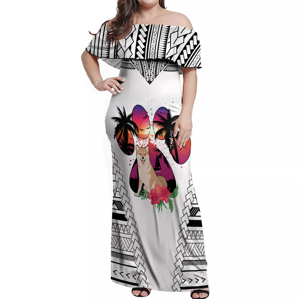 Polynesian Off Shoulder Maxi Dress Dog Lover With Shiba Inu - Sunset At The Beach White Ver LT7 Women White - Polynesian Pride