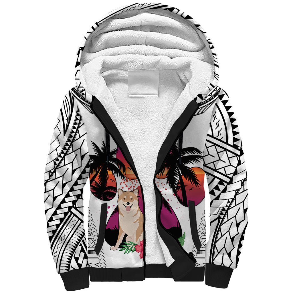 Polynesian Sherpa Hoodie Dog Lover With Shiba Inu - Sunset At The Beach White Ver LT7 Unisex White - Polynesian Pride