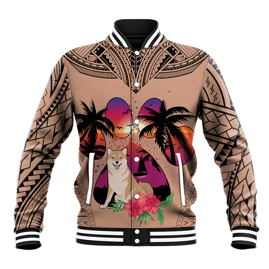 Polynesian Baseball Jacket Dog Lover With Shiba Inu - Sunset At The Beach Brown Ver LT7 Unisex Brown - Polynesian Pride