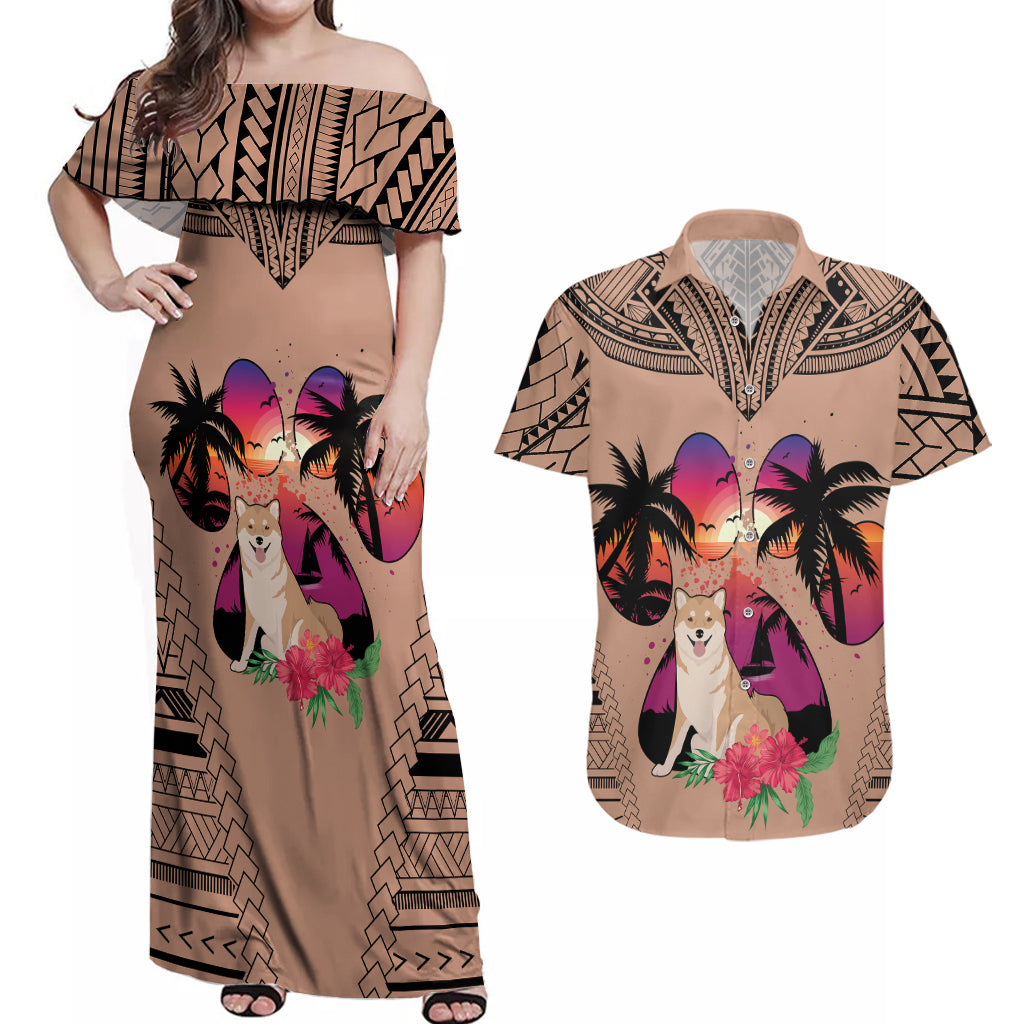 Polynesian Couples Matching Off Shoulder Maxi Dress and Hawaiian Shirt Dog Lover With Shiba Inu - Sunset At The Beach Brown Ver LT7 Brown - Polynesian Pride