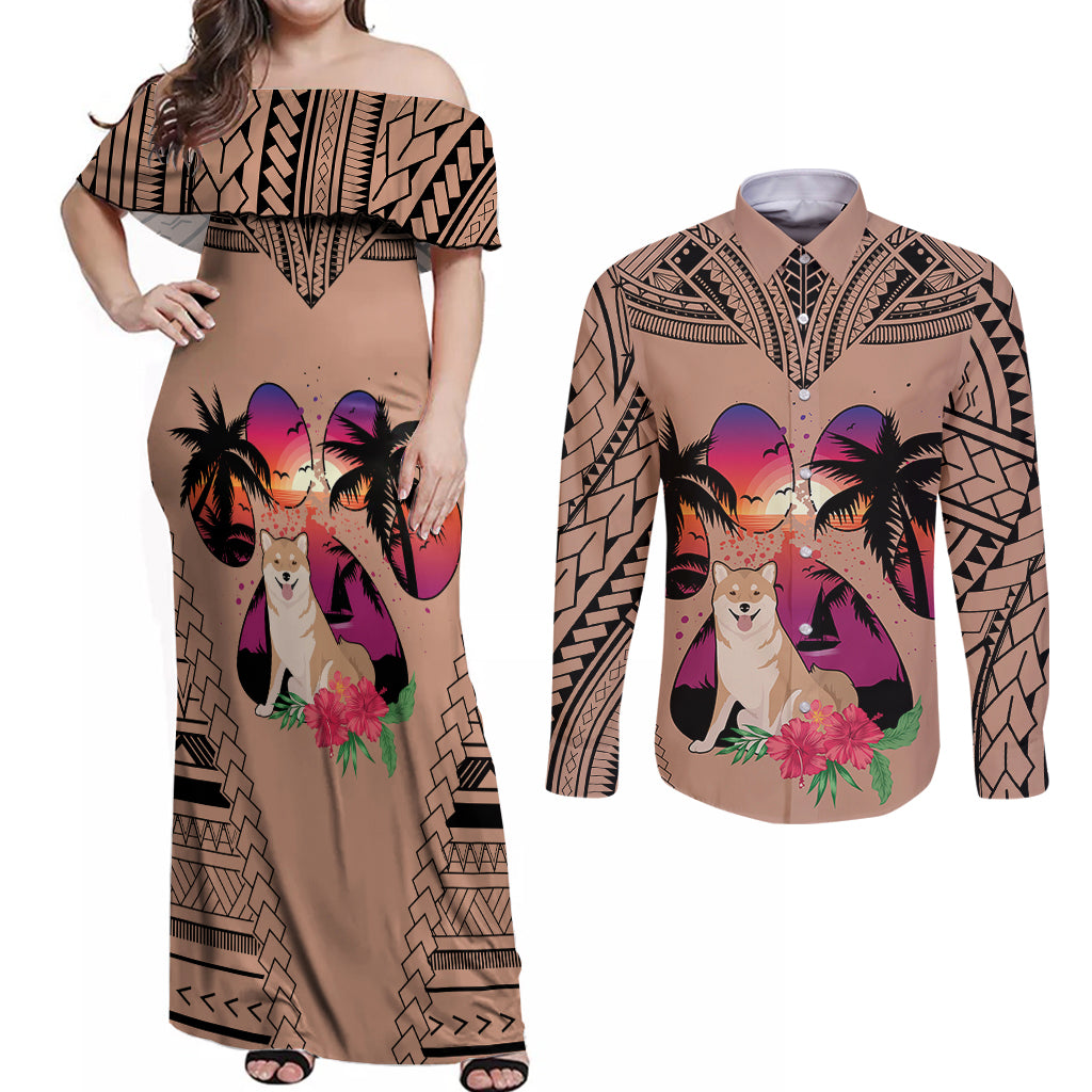 Polynesian Couples Matching Off Shoulder Maxi Dress and Long Sleeve Button Shirts Dog Lover With Shiba Inu - Sunset At The Beach Brown Ver LT7 Brown - Polynesian Pride