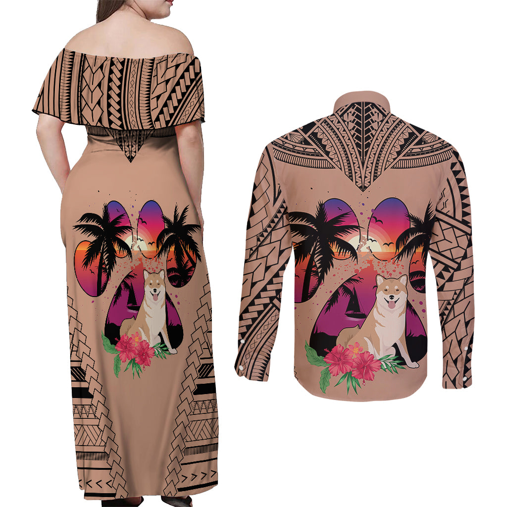 Polynesian Couples Matching Off Shoulder Maxi Dress and Long Sleeve Button Shirts Dog Lover With Shiba Inu - Sunset At The Beach Brown Ver LT7 - Polynesian Pride