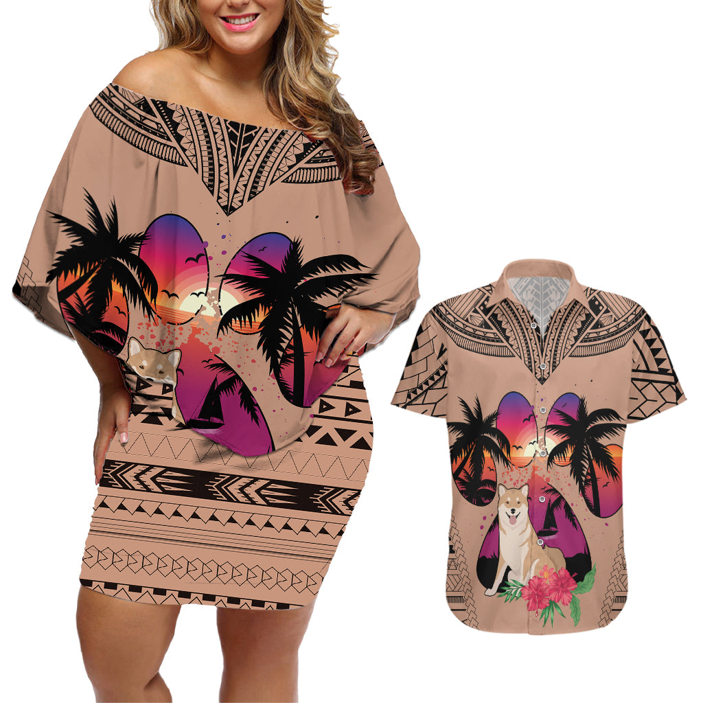 Polynesian Couples Matching Off Shoulder Short Dress and Hawaiian Shirt Dog Lover With Shiba Inu - Sunset At The Beach Brown Ver LT7 Brown - Polynesian Pride