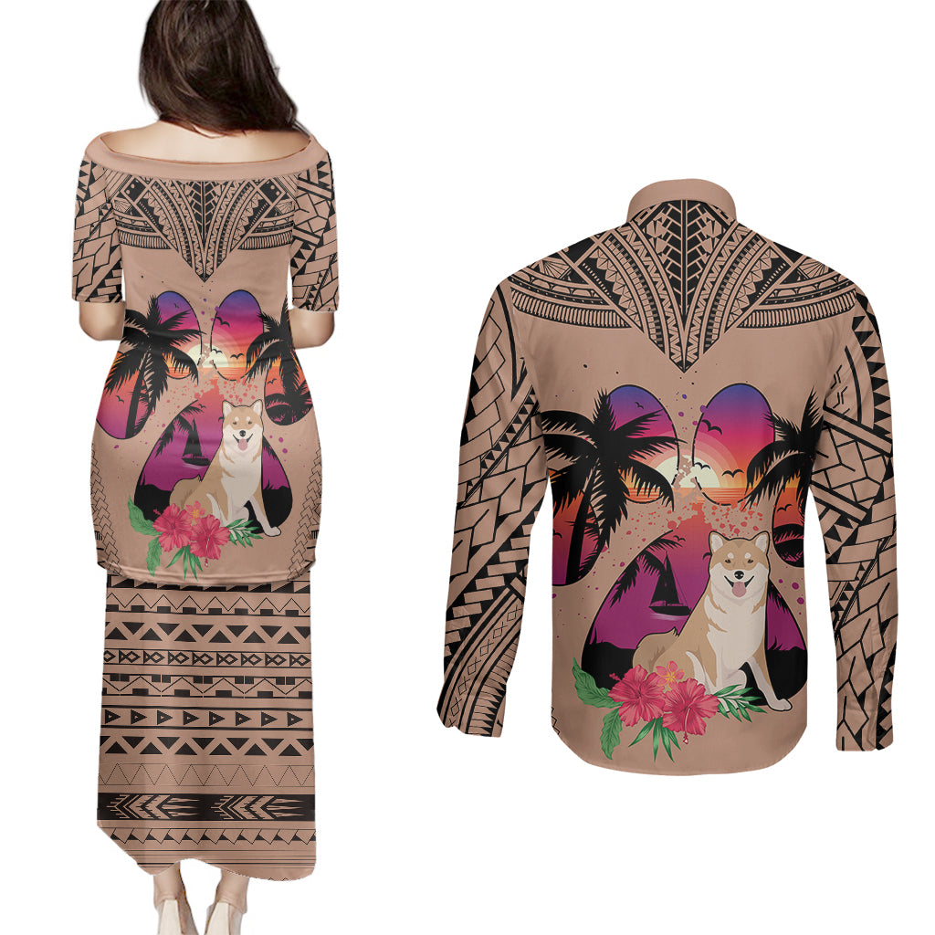 Polynesian Couples Matching Puletasi Dress and Long Sleeve Button Shirts Dog Lover With Shiba Inu - Sunset At The Beach Brown Ver LT7 - Polynesian Pride