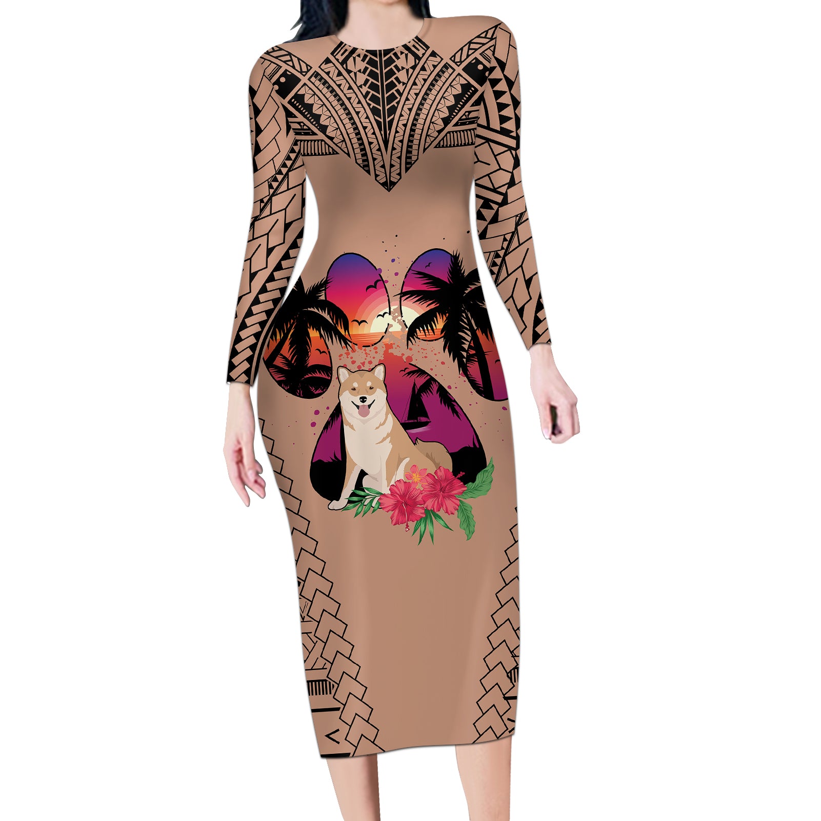 Polynesian Long Sleeve Bodycon Dress Dog Lover With Shiba Inu - Sunset At The Beach Brown Ver LT7 Long Dress Brown - Polynesian Pride