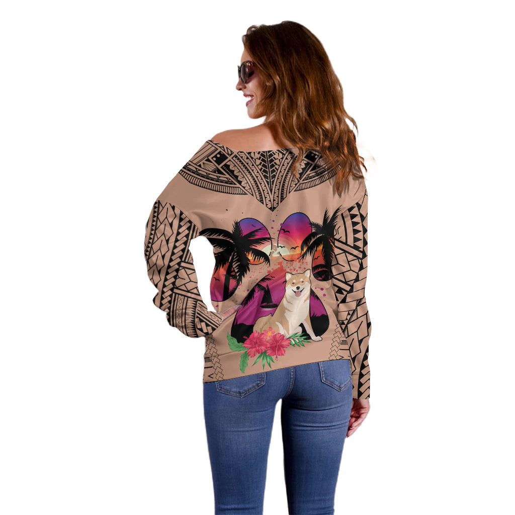 Polynesian Off Shoulder Sweater Dog Lover With Shiba Inu - Sunset At The Beach Brown Ver LT7 - Polynesian Pride