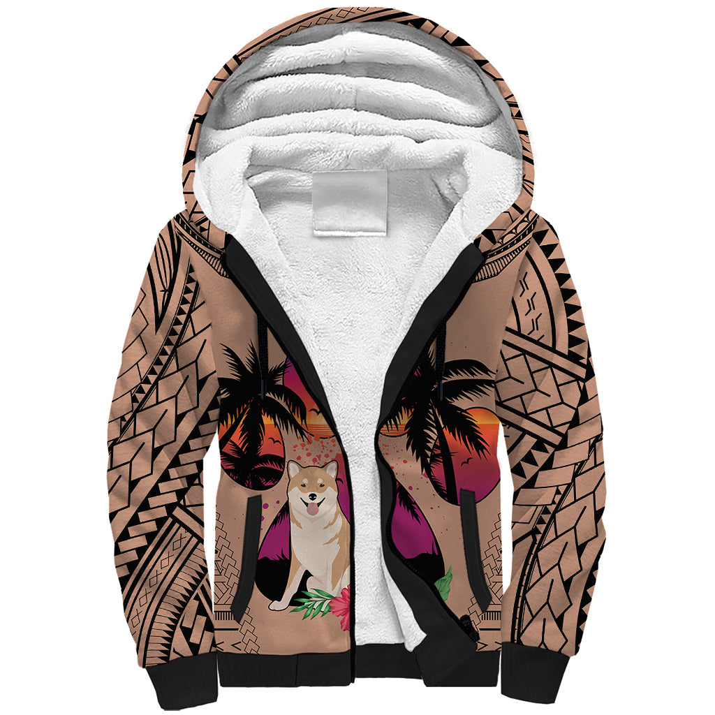 Polynesian Sherpa Hoodie Dog Lover With Shiba Inu - Sunset At The Beach Brown Ver LT7 Unisex Brown - Polynesian Pride