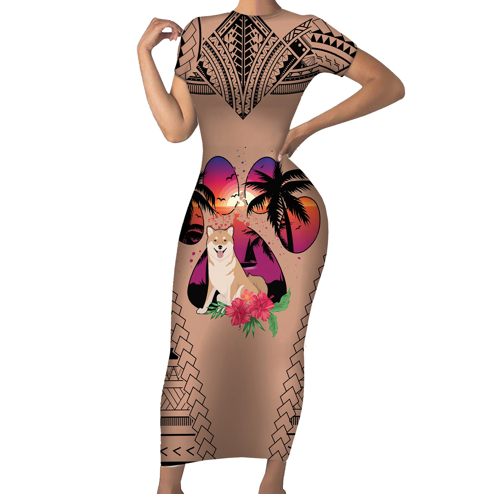 Polynesian Short Sleeve Bodycon Dress Dog Lover With Shiba Inu - Sunset At The Beach Brown Ver LT7 Long Dress Brown - Polynesian Pride