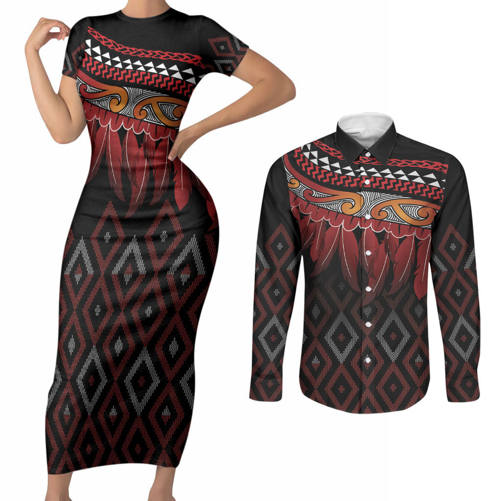 Aotearoa Maori Ngapuhi Iwi Couples Matching Short Sleeve Bodycon Dress and Long Sleeve Button Shirt Korowai Tukutuku Kaokao Motifs
