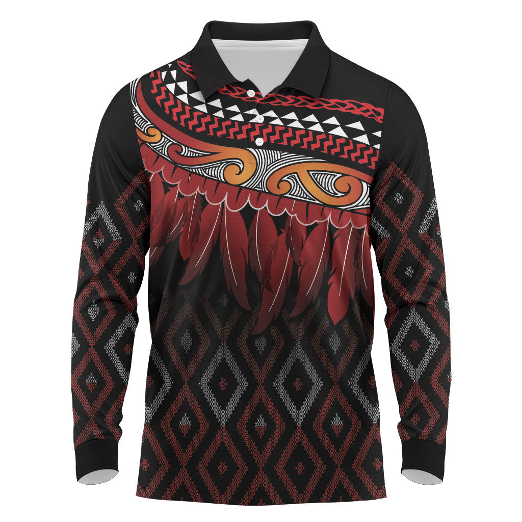 Aotearoa Maori Ngapuhi Iwi Long Sleeve Polo Shirt Korowai Tukutuku Kaokao Motifs LT7 Black - Polynesian Pride
