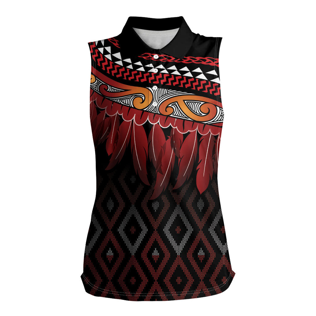 Aotearoa Maori Ngapuhi Iwi Women Sleeveless Polo Shirt Korowai Tukutuku Kaokao Motifs LT7 Female Black - Polynesian Pride