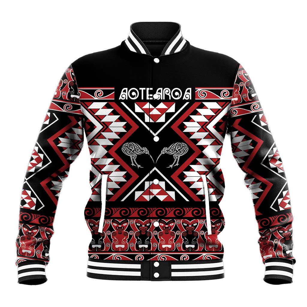 Personalised Taniko Motifs Aotearoa Baseball Jacket Waitangi Kowhaiwhai Kiwi LT7 Unisex Red - Polynesian Pride