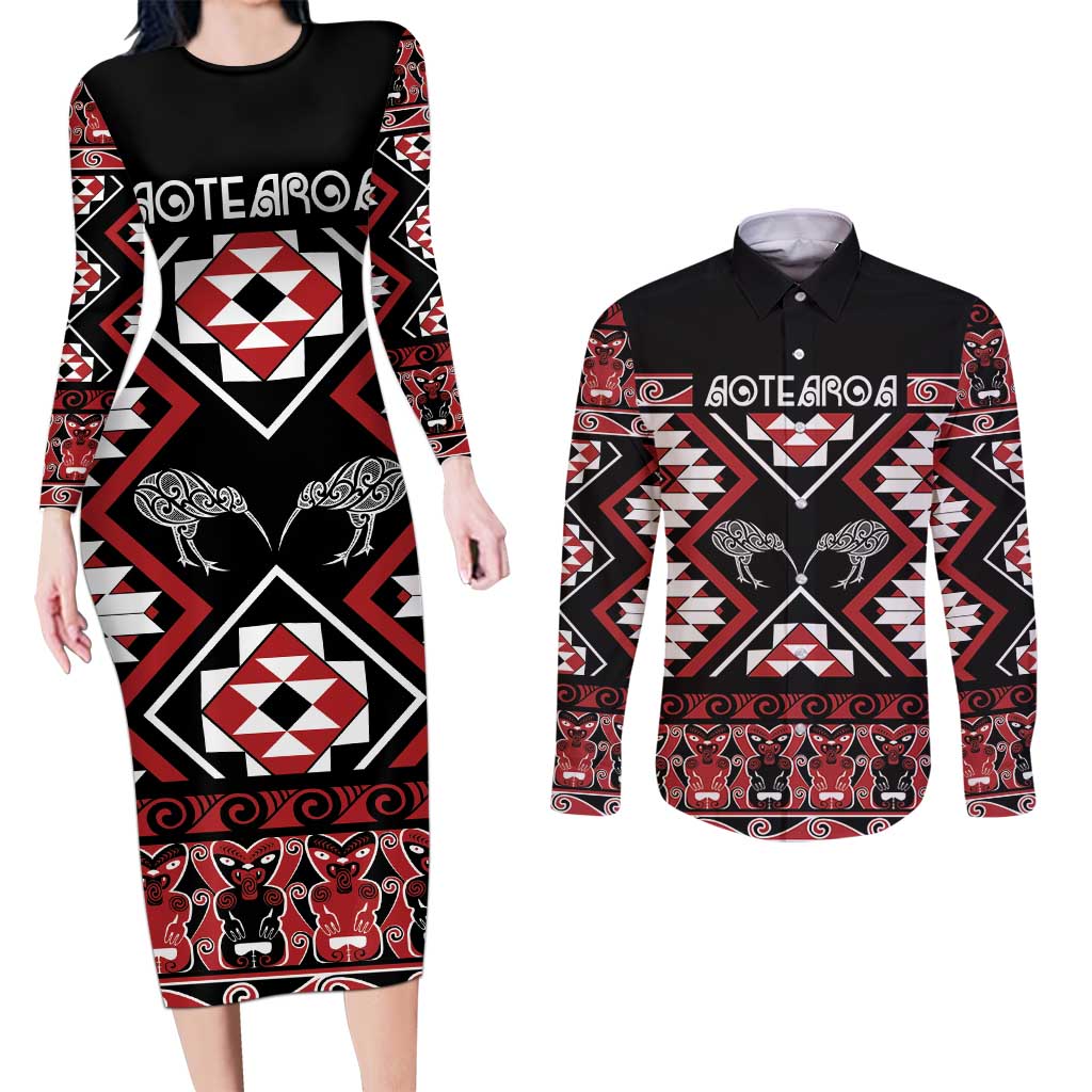 Personalised Taniko Motifs Aotearoa Couples Matching Long Sleeve Bodycon Dress and Long Sleeve Button Shirt Waitangi Kowhaiwhai Kiwi