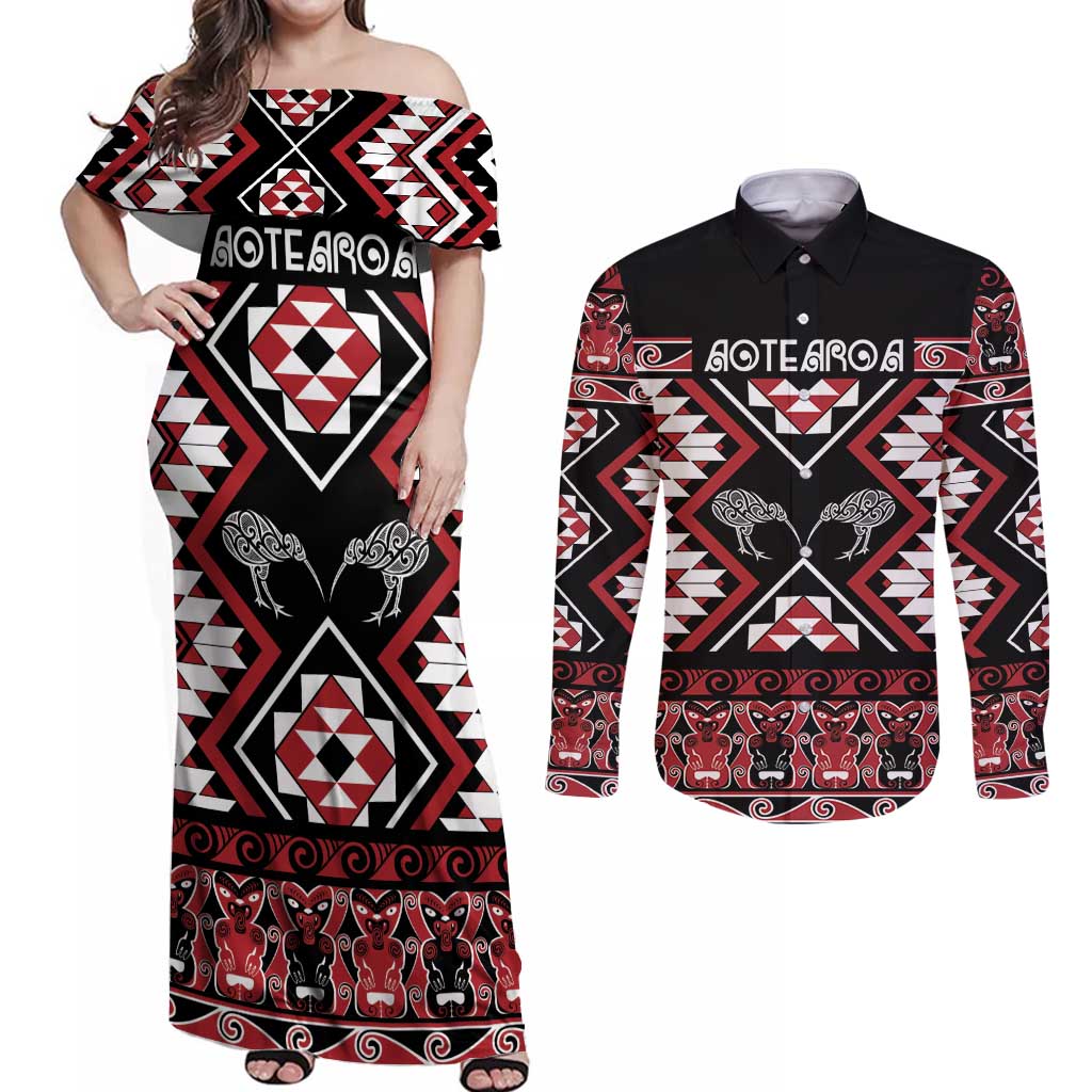 Personalised Taniko Motifs Aotearoa Couples Matching Off Shoulder Maxi Dress and Long Sleeve Button Shirt Waitangi Kowhaiwhai Kiwi