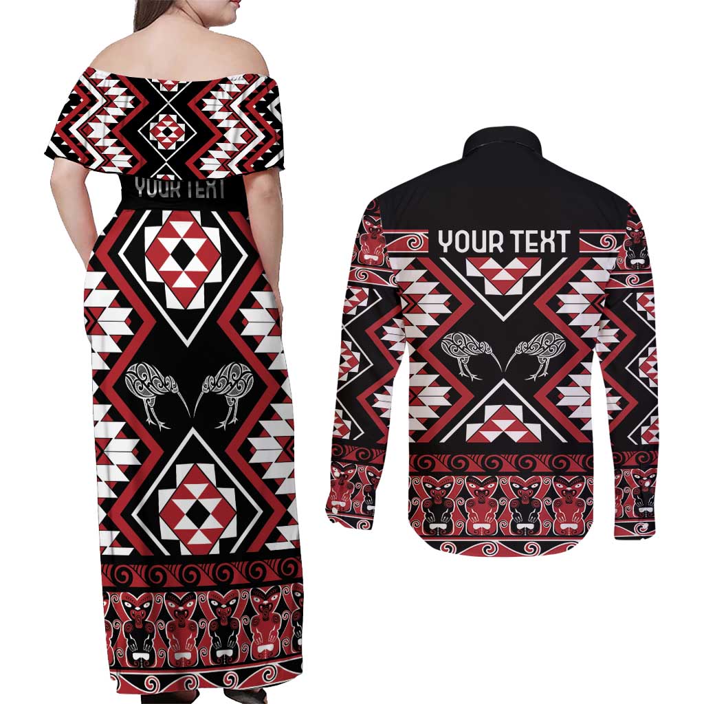 Personalised Taniko Motifs Aotearoa Couples Matching Off Shoulder Maxi Dress and Long Sleeve Button Shirt Waitangi Kowhaiwhai Kiwi LT7 - Polynesian Pride