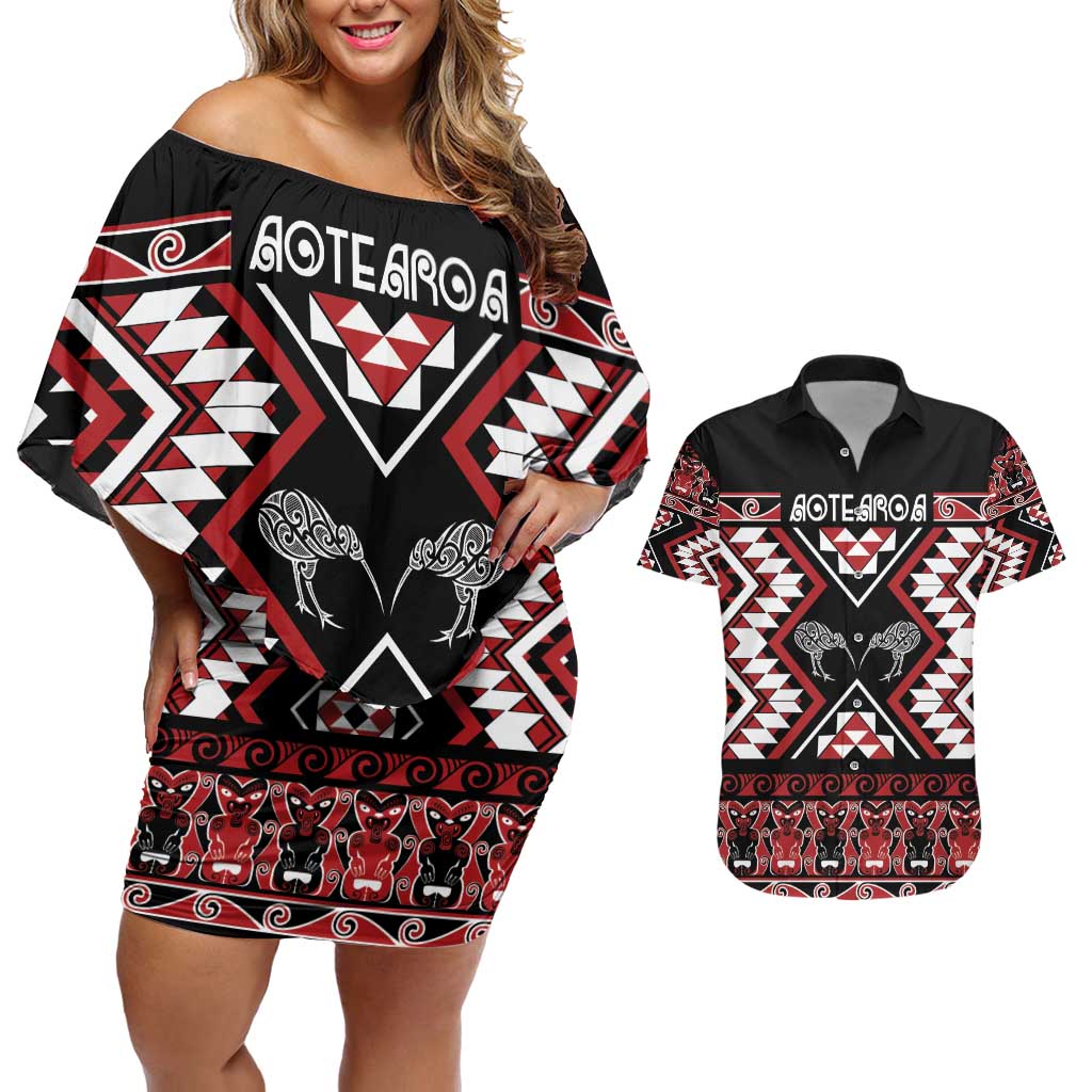 Personalised Taniko Motifs Aotearoa Couples Matching Off Shoulder Short Dress and Hawaiian Shirt Waitangi Kowhaiwhai Kiwi