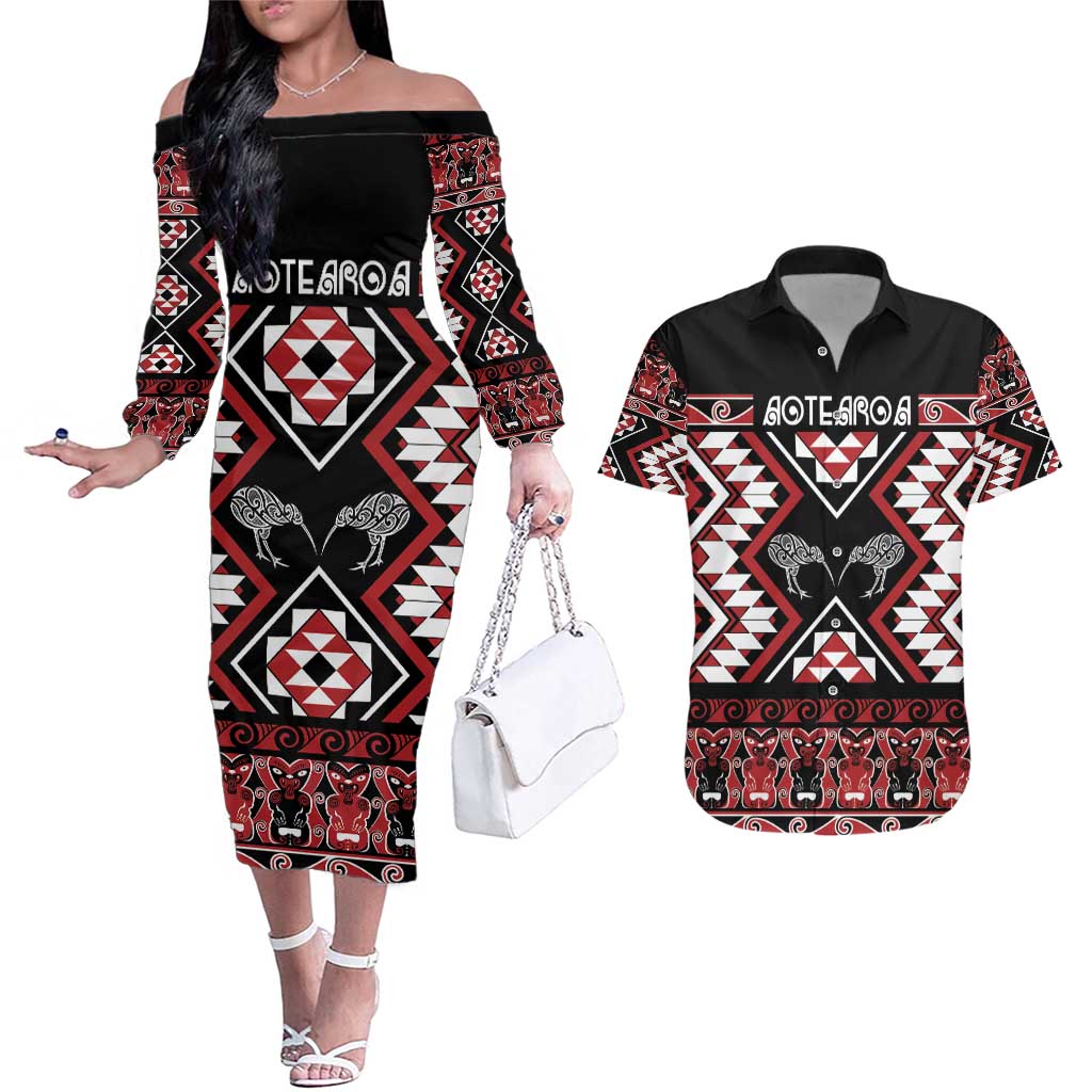 Personalised Taniko Motifs Aotearoa Couples Matching Off The Shoulder Long Sleeve Dress and Hawaiian Shirt Waitangi Kowhaiwhai Kiwi