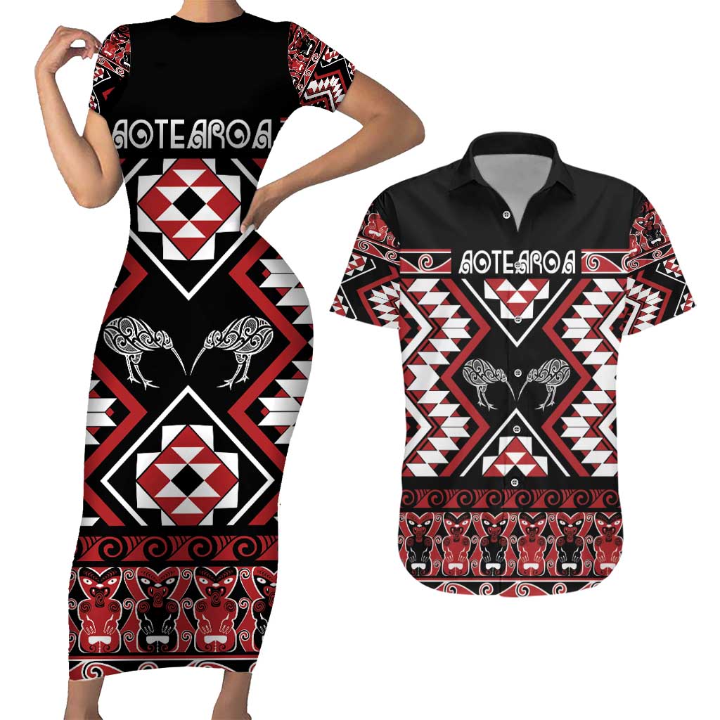 Personalised Taniko Motifs Aotearoa Couples Matching Short Sleeve Bodycon Dress and Hawaiian Shirt Waitangi Kowhaiwhai Kiwi