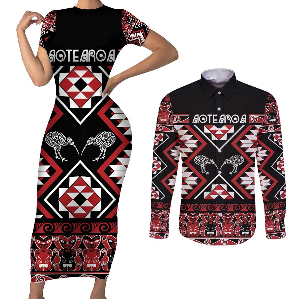 Personalised Taniko Motifs Aotearoa Couples Matching Short Sleeve Bodycon Dress and Long Sleeve Button Shirt Waitangi Kowhaiwhai Kiwi