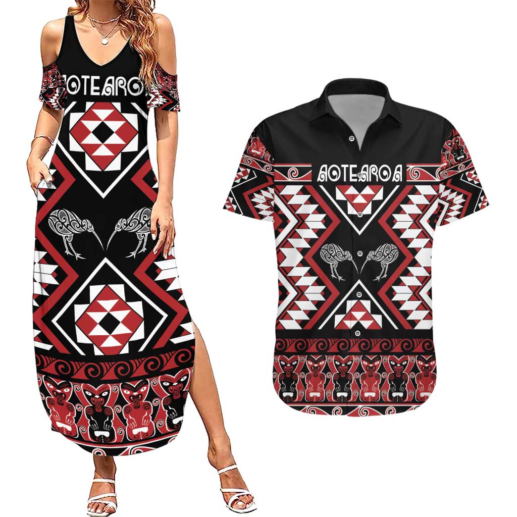 Personalised Taniko Motifs Aotearoa Couples Matching Summer Maxi Dress and Hawaiian Shirt Waitangi Kowhaiwhai Kiwi