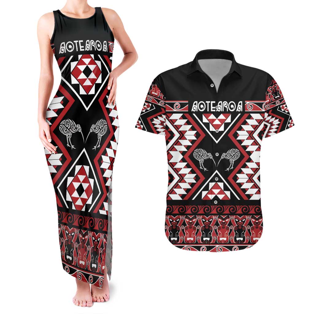 Personalised Taniko Motifs Aotearoa Couples Matching Tank Maxi Dress and Hawaiian Shirt Waitangi Kowhaiwhai Kiwi