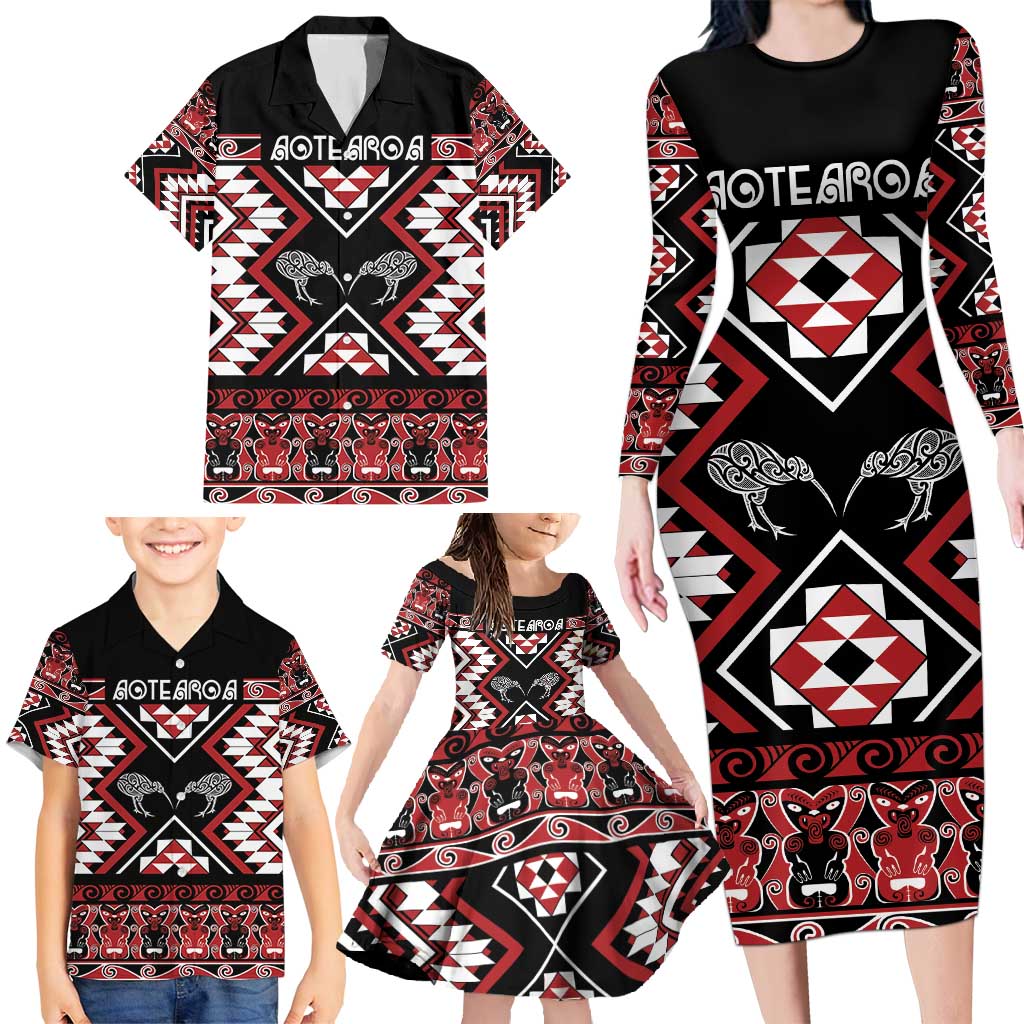 Personalised Taniko Motifs Aotearoa Family Matching Long Sleeve Bodycon Dress and Hawaiian Shirt Waitangi Kowhaiwhai Kiwi