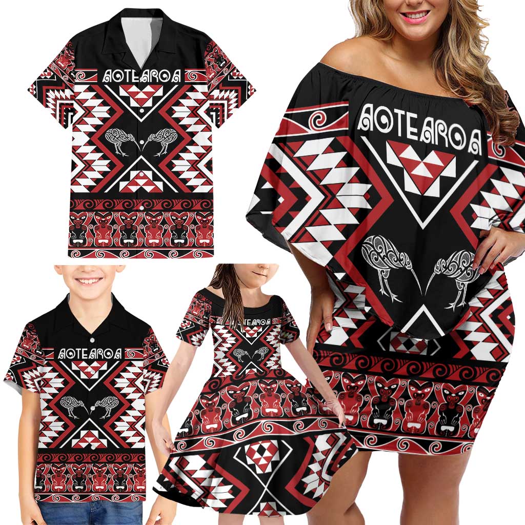 Personalised Taniko Motifs Aotearoa Family Matching Off Shoulder Short Dress and Hawaiian Shirt Waitangi Kowhaiwhai Kiwi