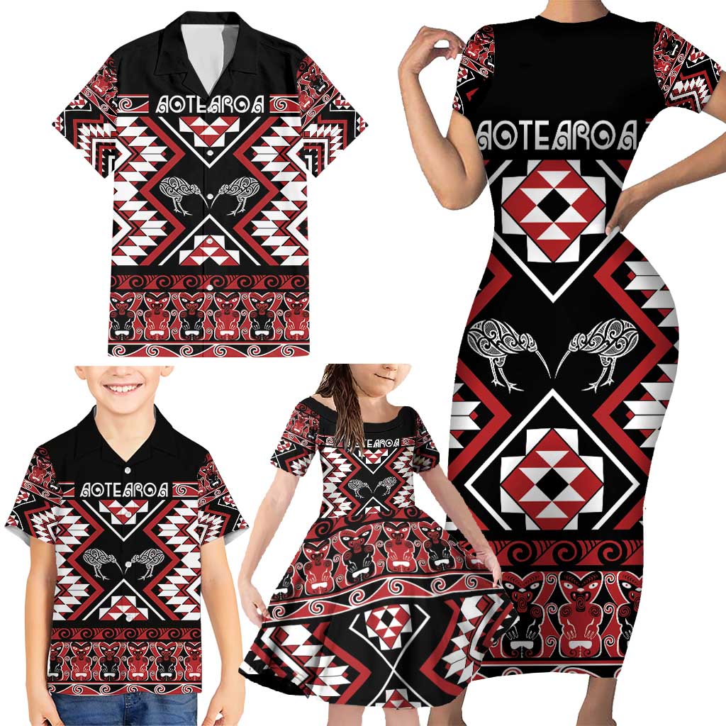 Personalised Taniko Motifs Aotearoa Family Matching Short Sleeve Bodycon Dress and Hawaiian Shirt Waitangi Kowhaiwhai Kiwi