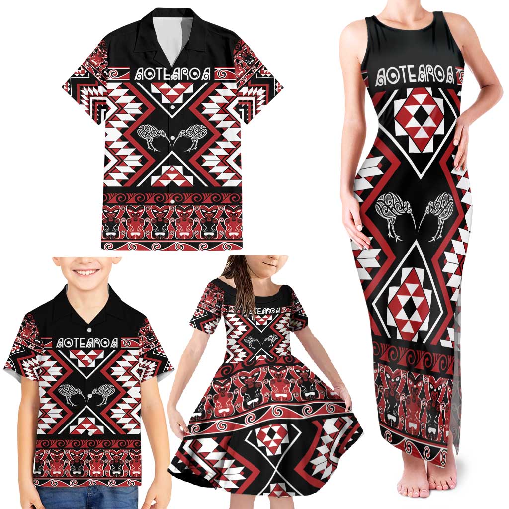 Personalised Taniko Motifs Aotearoa Family Matching Tank Maxi Dress and Hawaiian Shirt Waitangi Kowhaiwhai Kiwi