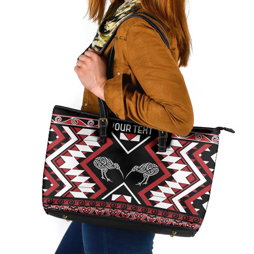Personalised Taniko Motifs Aotearoa Leather Tote Bag Waitangi Kowhaiwhai Kiwi LT7 Red - Polynesian Pride