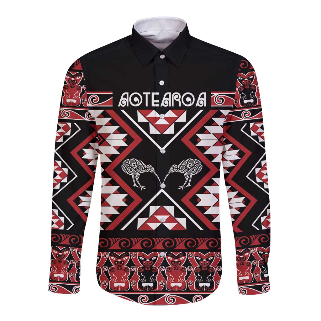 Personalised Taniko Motifs Aotearoa Long Sleeve Button Shirt Waitangi Kowhaiwhai Kiwi