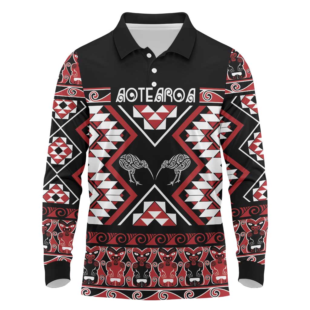Personalised Taniko Motifs Aotearoa Long Sleeve Polo Shirt Waitangi Kowhaiwhai Kiwi LT7 Red - Polynesian Pride