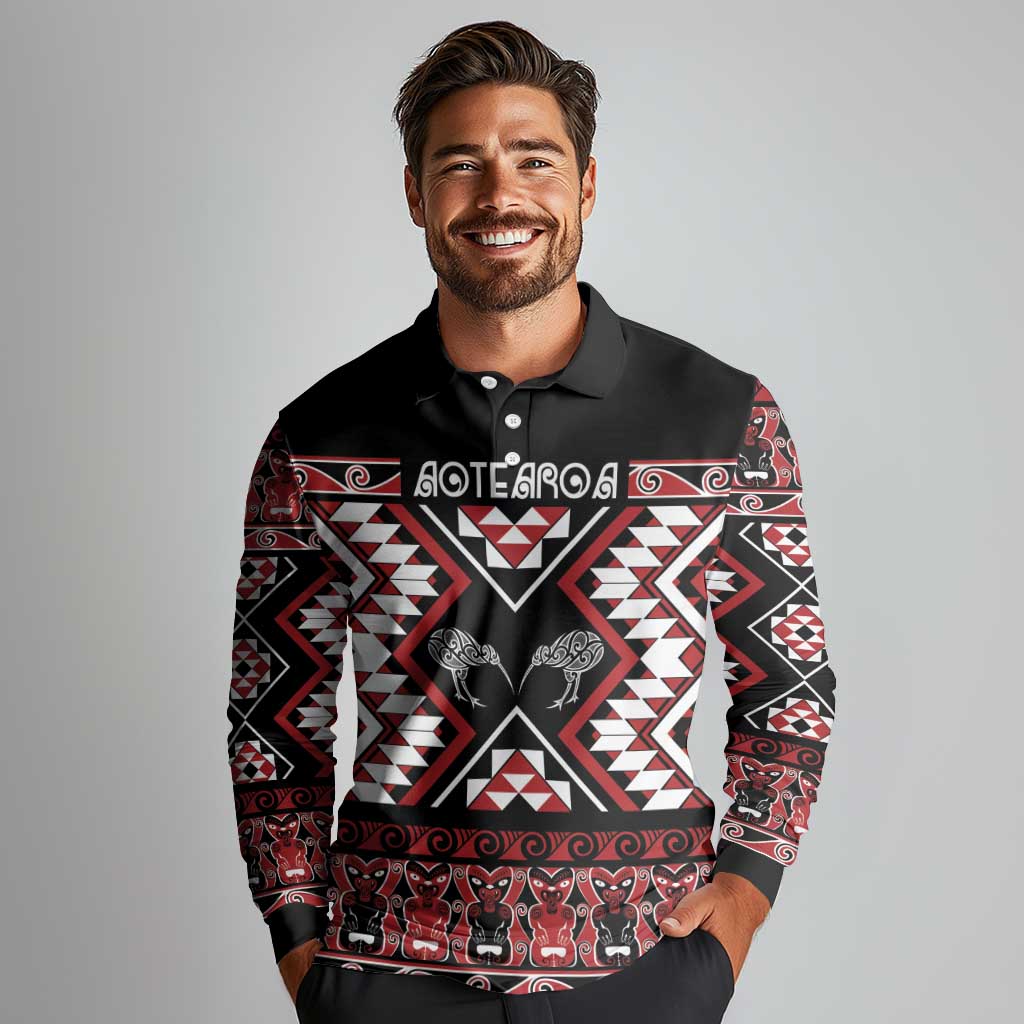 Personalised Taniko Motifs Aotearoa Long Sleeve Polo Shirt Waitangi Kowhaiwhai Kiwi LT7 - Polynesian Pride