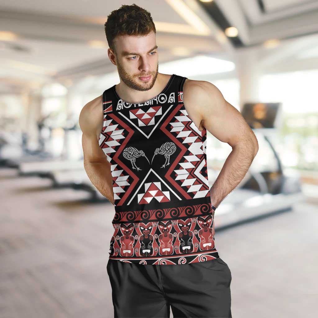 Personalised Taniko Motifs Aotearoa Men Tank Top Waitangi Kowhaiwhai Kiwi LT7 Red - Polynesian Pride