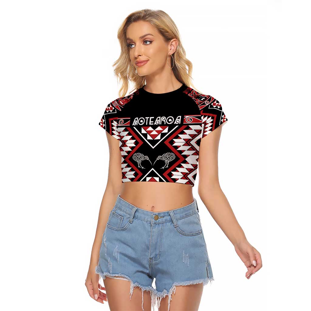 Personalised Taniko Motifs Aotearoa Raglan Cropped T Shirt Waitangi Kowhaiwhai Kiwi LT7 Female Red - Polynesian Pride